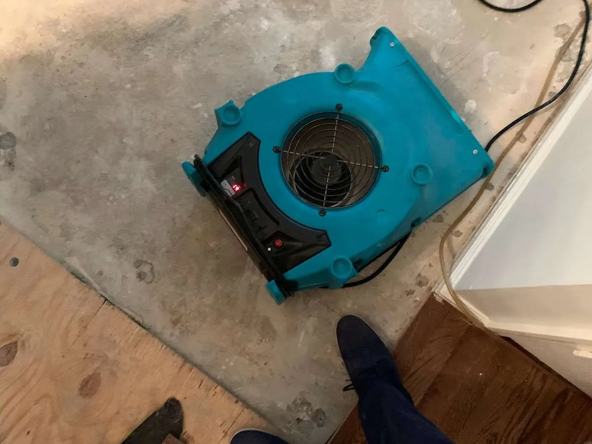 Air mover drying subfloor during Commercial Water Damage Restoration in Windsor Locks